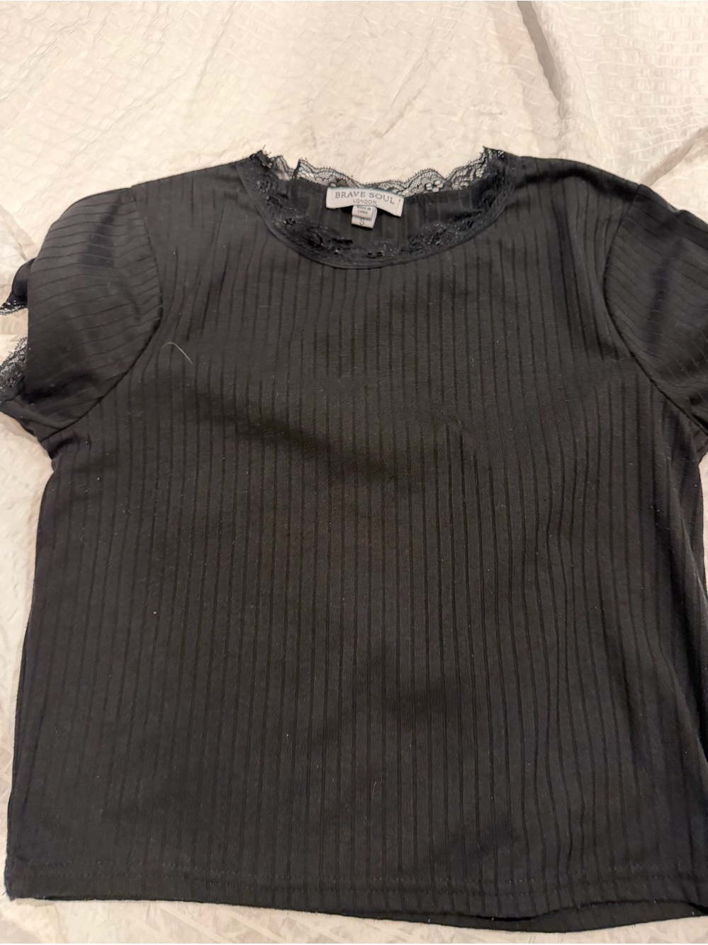 Brave Soul Black Ribbed Short Sleeve Tee with Lace Trim